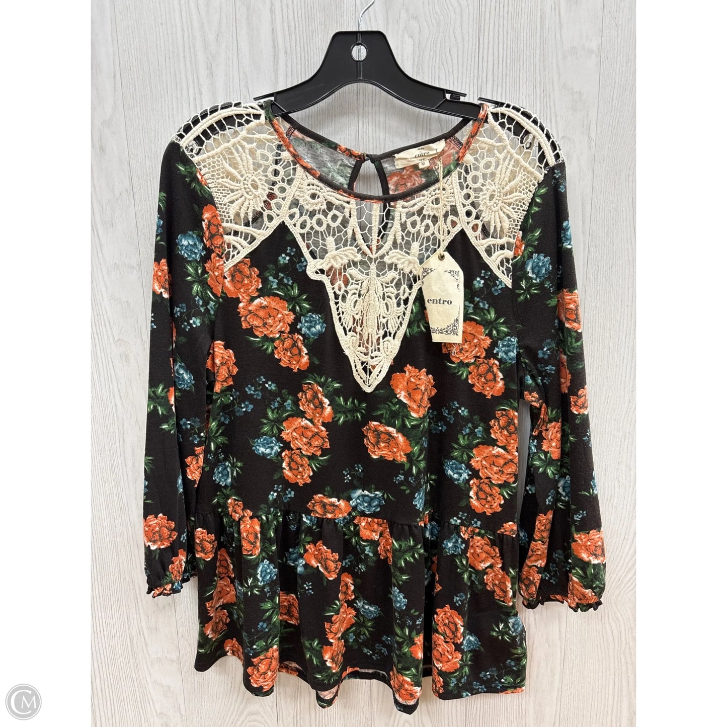 Top 3/4 Sleeve By Entro In Black Floral, Size: M